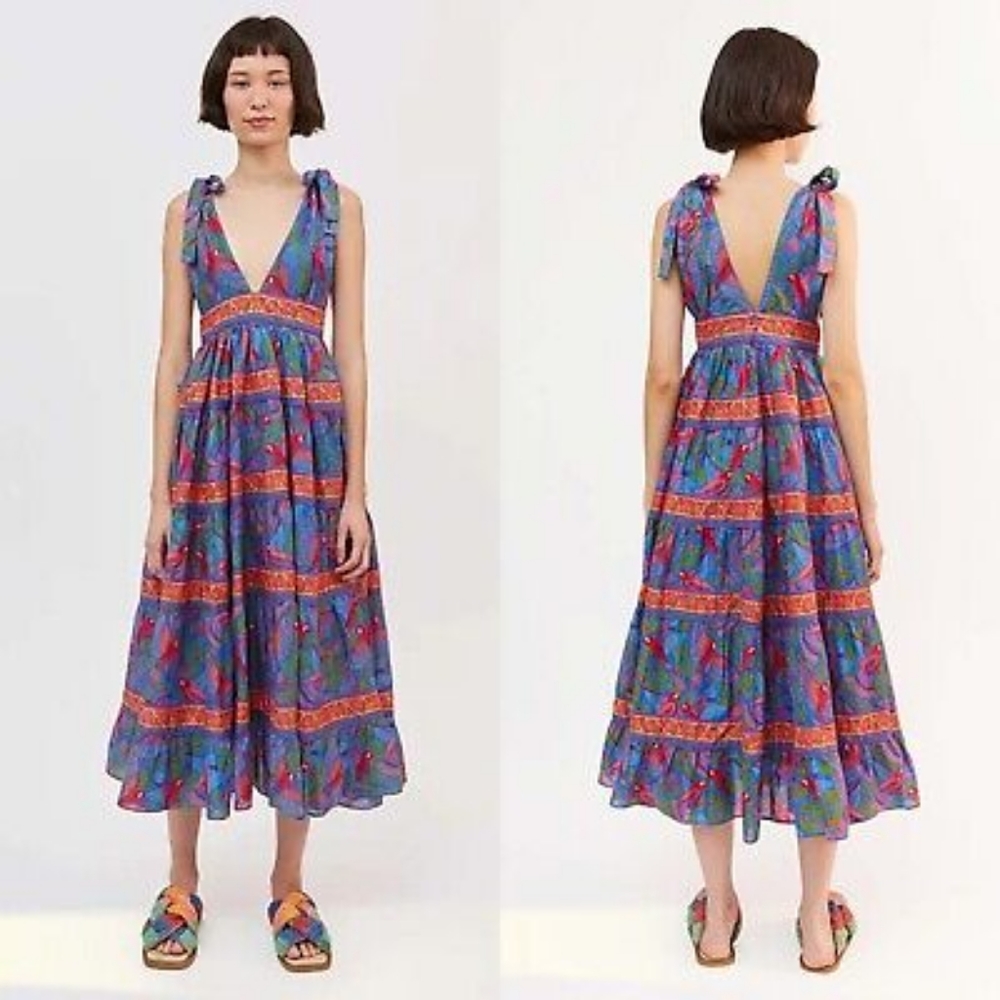 NWT Farm Rio Size Small Blue Macaw Flight Midi Dress Tiered 300636 Small